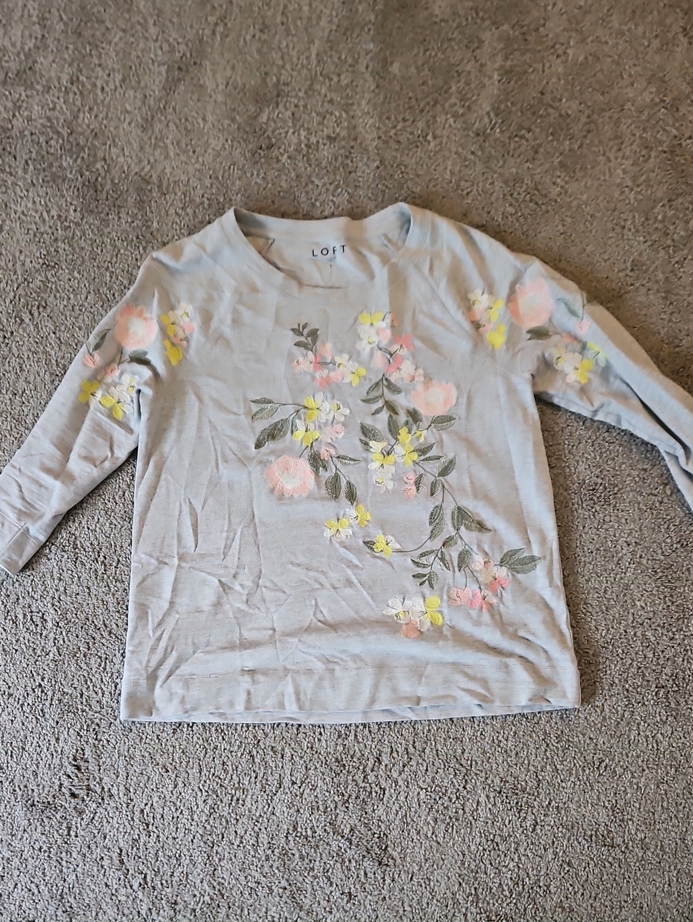 LOFT Light Gray Floral Embroidered Quarter Sleeve Top